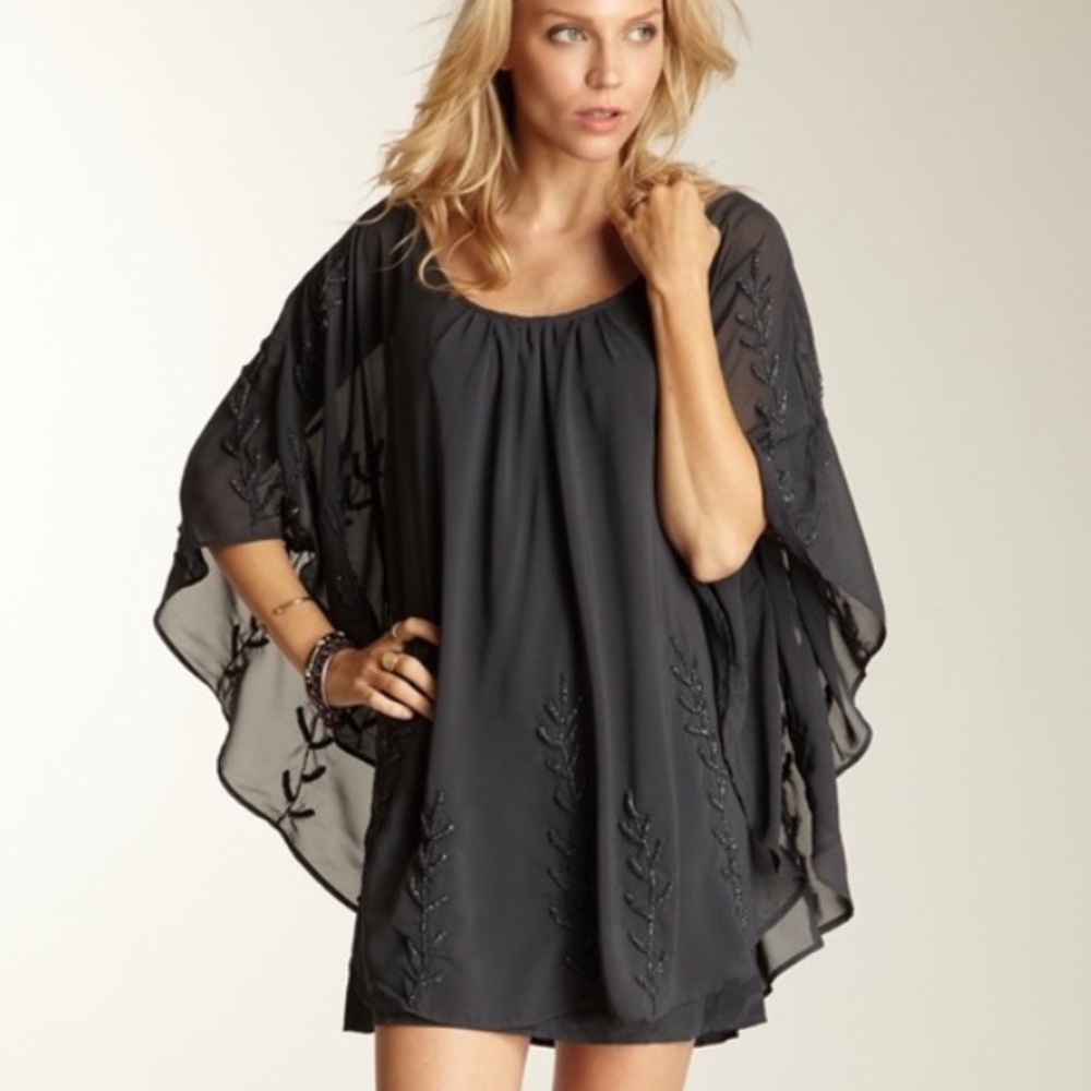 Free People Beaded Batwing Cape Dress - Embellished Boho Chic Mini Dress Shirt